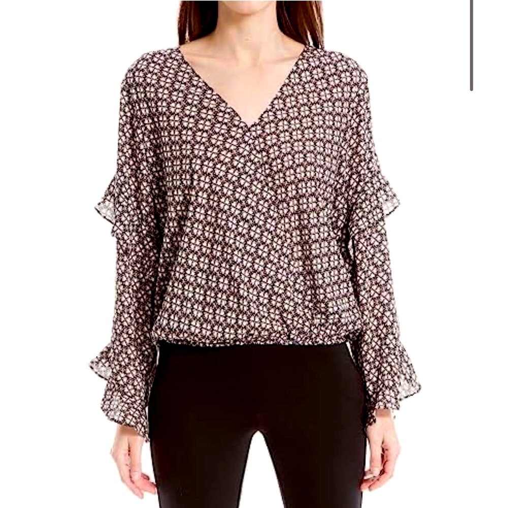Max Studio Floral Ruffle Sleeve Faux Wrap Blouse